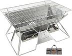 CAMPINGMOON Large Portable Campfire Fire Pit BBQ Grill Stainless Steel Foldable Collapsible Wood Burning Charcoal Grill for Heavy Duty Outdoor Cooking RV Camping, 20x13-inch, Carry Bag included MT-3