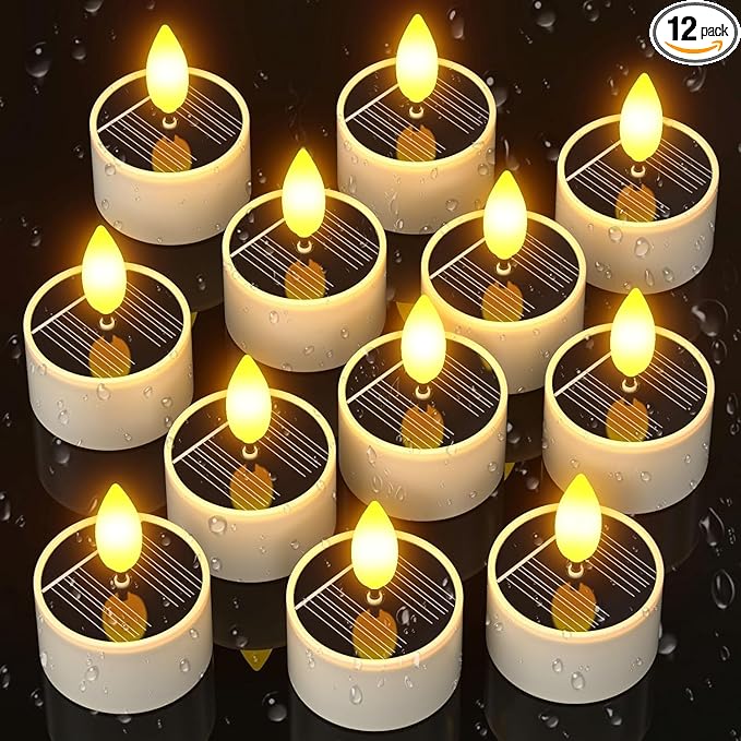 SoulBay Solar Tea Lights Outdoor Waterproof, 12 pcs 1.5" D x 2.1" Reusable Dusk to Dawn Flickering Small LED Tealight Candles, Flameless Votive Candle for Lanterns Patio Garden Camping Décor