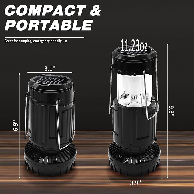 2-Pack Solar Camping Fan w/ Lantern, DIBMS Collapsible Solar Powered USB Rechargeable & Battery Powered Emergency Hanging Lights for Camping Tent Hurricanes Power Outages Storm Indoor Outdoor