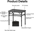 Small Folding Camping Table with Storage Net, 3 Adjustable Heights Foldable Table Lightweight & Portable with Carry Handle for Outdoor Indoor, Pure Black