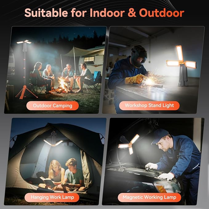 15000 mAh Rechargeable Camping Light with Stand, Cordless Work Light with 3 LED Lamp Heads, 5500 Lumens Dimmable Camping Essentials Gear Emergency Flashlight with 86" Detachable Tripod, Orange