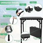 Folding Camping Table, Pure Black 2ft Picnic Table Metal Legs MDF Tabletop, Small Outdoor Table Adjustable Height, Lightweight, Portable Handle for Travel Cooking