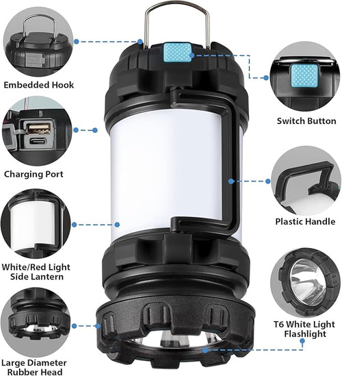 2 Pack Camping Lantern, Outdoor LED Camping Light, Rechargeable Flashlights with 1000LM, 6 Modes, IPX5 Waterproof Portable Emergency Camp Light for Hurricane Survival - Black