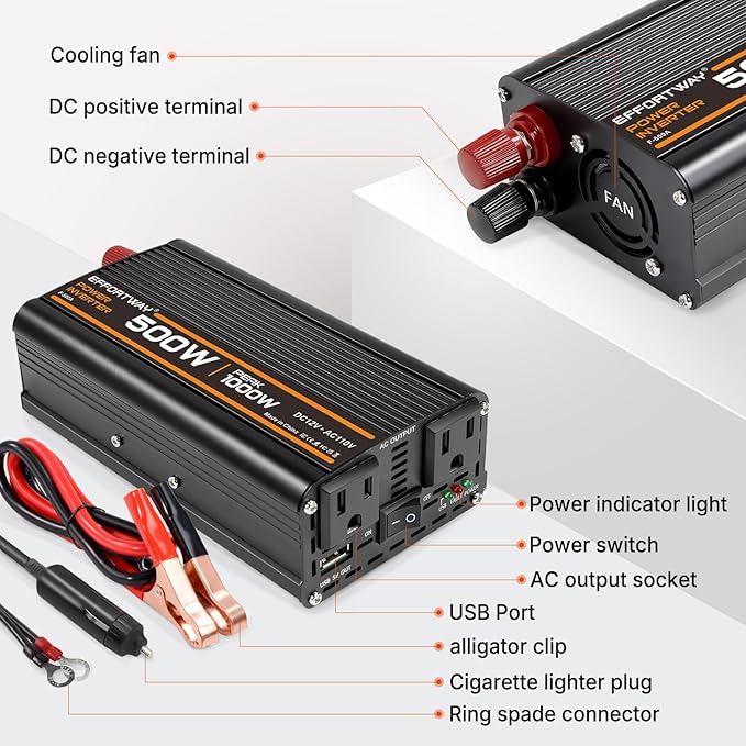 500W Power Inverter, Inverter 12V to 110V with 2 AC Outlets, 2.1A USB Port, Car Power Inverter with Alligator Battery Clamp for Phone, Laptop on Camping, Road Trip