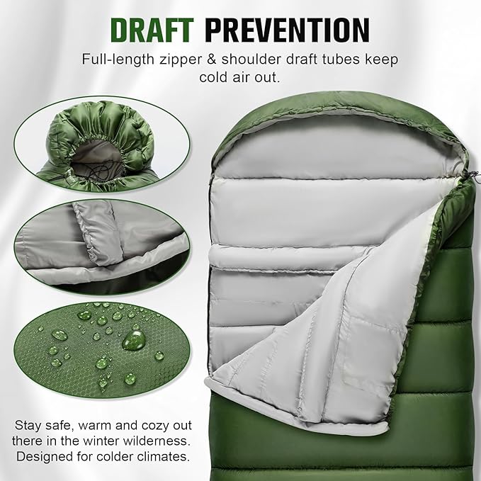 0 Degree Sleeping Bag for Adults, XXL Big and Tall 4 Season Cold Weather Winter Camping with Compression Sack
