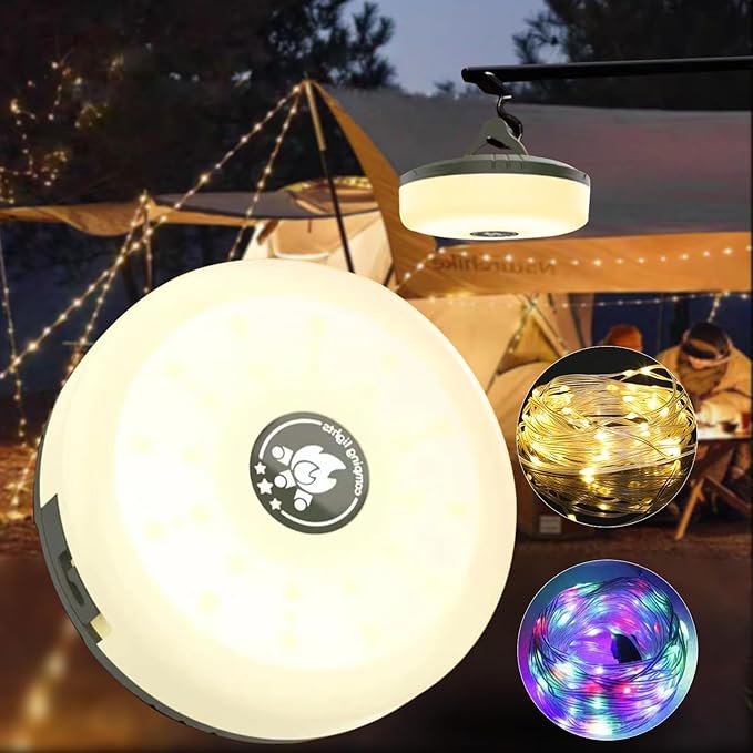 Camping String Lights, 32.8ft Portable Outdoor String Lights with 8 Lighting Modes, Qucick Storage, 2 in 1 Waterproof Camping Lanterns for Camping, Christmas, Outdoor