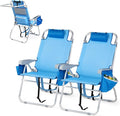 VINGLI Tall Beach Chair 2 Pack Lightweight, Backpack Beach Chair for Adults with 5-Position, Cooler Bag, Cup Holders, Towel Bar, Folding Beach Camping Chairs（16“-Blue）