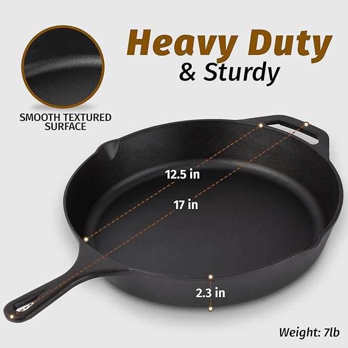 Zulay Kitchen Pre-Seasoned Cast Iron Skillet – 12.5 Inch Heavy Duty Frying Pan for Indoor & Outdoor Cooking – Oven, Stovetop, Induction, Grill & Campfire Safe