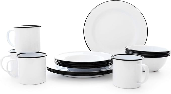 Enamelware Starter Set, 16 piece, Vintage White/Black