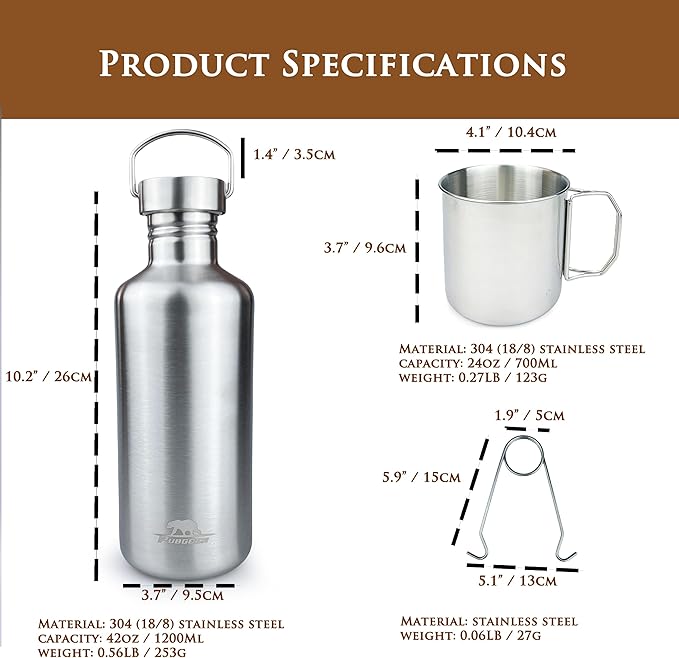 Canteen 42oz Single Wall Water Bottle with 24oz Nested Camping Cup and Carrier Bag, Water Canteen, Bushcraft Gear, Survival Kit, Self Reliance, 304 Stainless Steel - Khaki