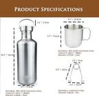 Canteen 42oz Single Wall Water Bottle with 24oz Nested Camping Cup and Carrier Bag, Water Canteen, Bushcraft Gear, Survival Kit, Self Reliance, 304 Stainless Steel - Khaki