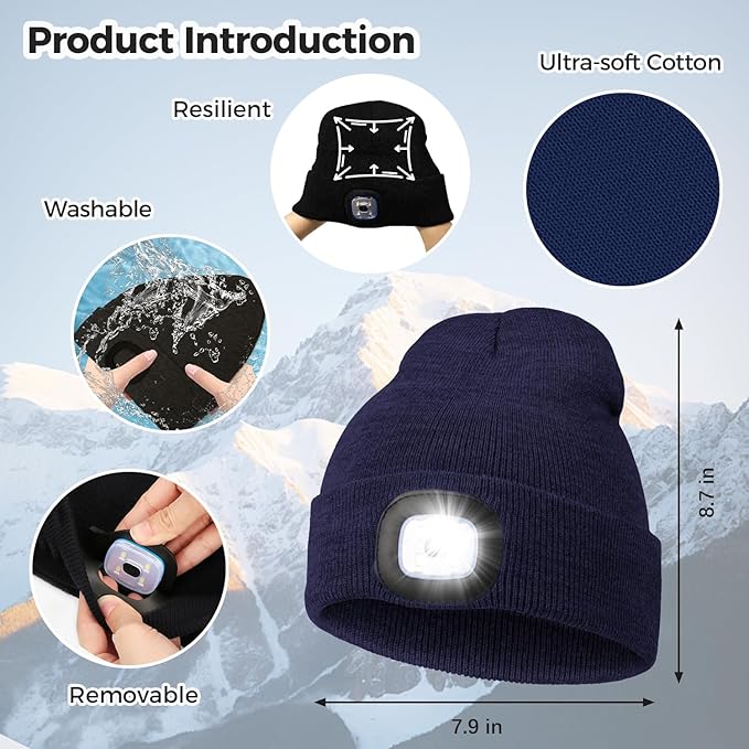 LED Beanie Hat with Light, Headlamp Beanie Cap Unisex Winter Warm Knit Night Light Hat, Knit Beanie Gifts for Men Women Kid