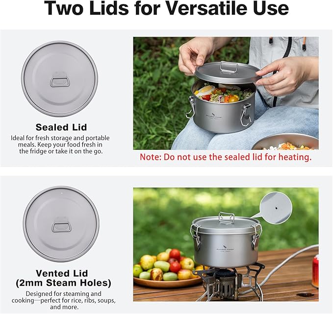 Boundless Voyage Titanium Sealed Lunch Box with Leak-Proof Lid Camping Cookware Lightweight Outdoor Cooking Pot for Backpacking Hiking Picnic & Travel Food Container (Ti2085C/0.9L)