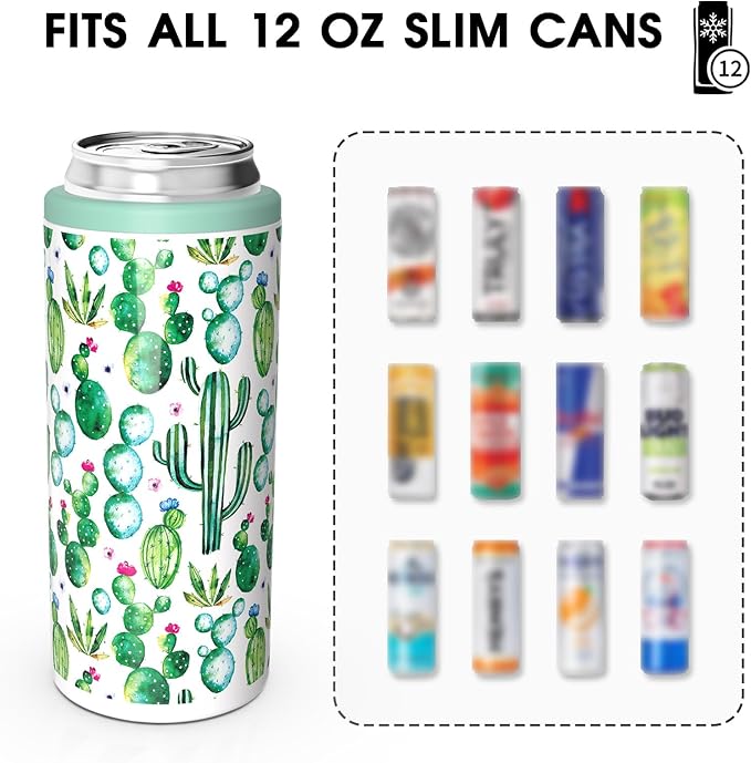 TILUCK Skinny Can Cooler for Slim Beer & Hard Seltzer, Stainless Steel, Doucle-Walled Stainless Steel Insulated Slim Cans, Standard 12 oz (Cactus)