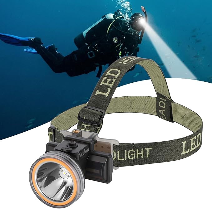 Rechargeable Diving Headlamp, IPX8 Waterproof Underwater Flashlight, 4 Modes with Battery Level Indicator,10H Runtime Scuba Dive Light with Battery & USB Charger Cable (Mode 301 White Light)