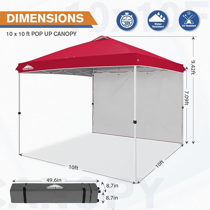 EAGLE PEAK Commercial Canopy 10x10 Pop Up Canopy Tent with 1 Sidewall, Easy Setup Heavy Duty Instant Event Shelter for Vendors & Markets, Outdoor Sun Shade, Red