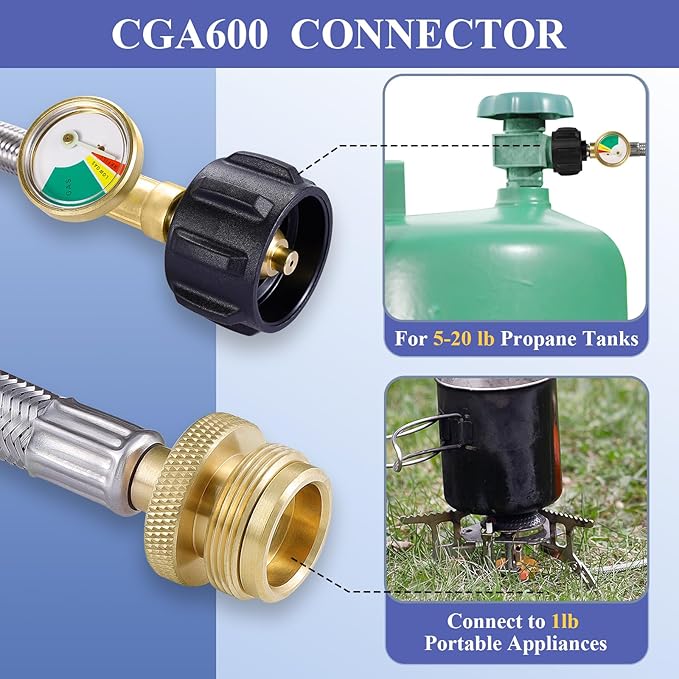 6 FT Propane Hose Adapter with Gauge, Propane Tank Adapters Hose for 1lb Portable Appliances, Propane Tank Adapters for Weber Q Grills Coleman Stoves Blackstone Griddles