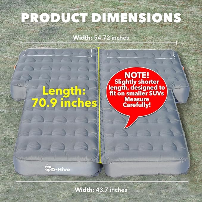 D-Hive Shortened Length - Unbeatable Durability SUV Air Mattress for Car Camping, Durable Extra Thick 300D Oxford Fabric, Quick Easy Set-Up w/Electric Pump, Car Mattress with Base Extenders 180cm