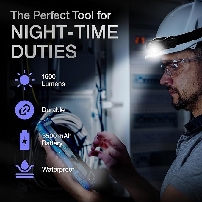 K-Bern PRO Rechargeable Headlamp - 1600 Lumen, Ultra Bright Head Light for Forehead. Waterproof, Lightweight, Aluminum, UL Listed 3500mAh Battery. Perfect for Dog Walking, Camping & Hard Hats