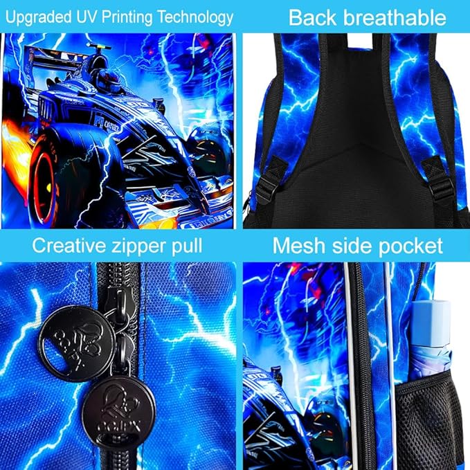 17" Cars Backpack for Boy, 3Pcs Lightning Bookbag for Elementary Preschool Kindergarten, Kids School Backpacks with Lunch Box (Blue)