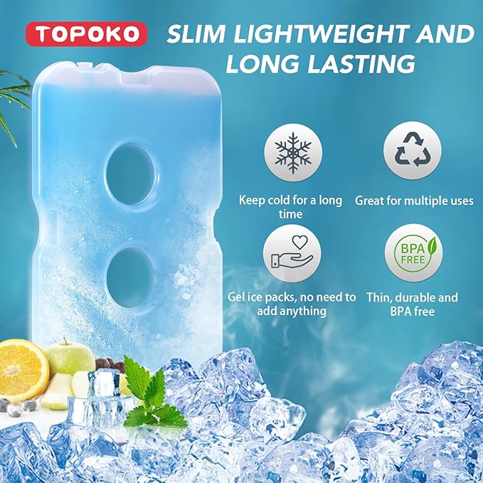 TOPOKO Ice Packs for Lunch Bags, Cooler, Freezer Packs for Lunch Box, Cooler Bag, Slim Reusable & Long-Lasting, BPA-Free, Quick Freeze, Perfect for Picnic, Camping, Beach, Outdoor Sports