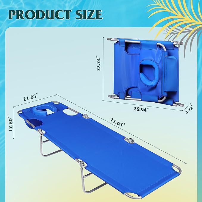 WLIVE Beach Lounge Chair for Adults, 4-Position Folding Tanning Chairs with Face Hole, 2 Legs Support Portable Outdoor Chair for Beach, Pool, Blue