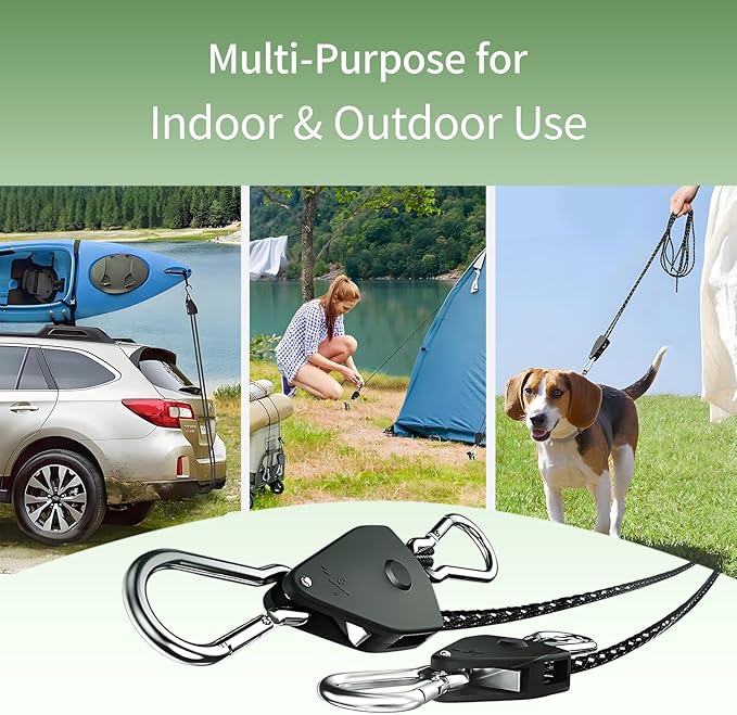 CONBOLA Camping Rope 1/8" Adjustable Rope Hanger & Pulley System with Metal Gear Heavy Duty Ratchet Tie Down Straps Camping Accessories for Tents, Tarps & Kayaks,Durable Paracord Rope for Grow Light.