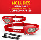 Eveready X200 LED Rechargeable Headlamps (2-Pack), Super Bright IPX4 Water Resistant Head Lights for Running, Camping, Emergency, Outdoors (USB Cable Included)