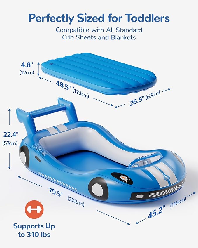 QPAU Blow up Inflatable Toddler Travel Bed with Sides, Toddler Air Mattress for Camping, Traveling, Hotel, or Home Use, Hand Pump Included (Blue)