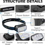 8 LED Headlight Rechargeable 2 Pack with Motion Sensor, 12 Mode Bright Headlight with White Red Light for Adults，IPX6 Waterproof for Outdoor Camping Running Hiking Fishing
