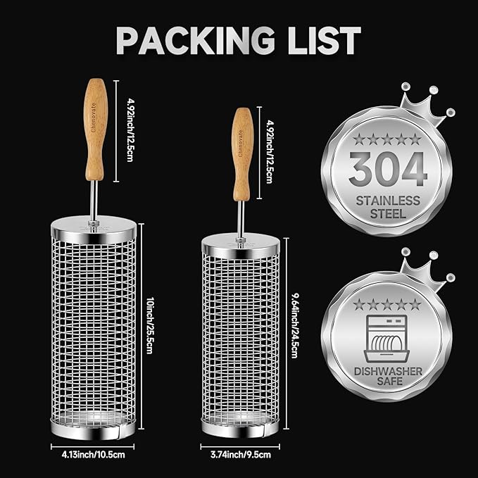 Rolling Grill Baskets,Removable Wooden Handle,304 Stainless Steel,Grill Accessories for Veggies Shrimp Meat,Kitchen Gadgets Fits Outdoor Cooking&Picnics,Camping Essentials,Ideal Festival Birthday Anniversary Gifts—2 Pack