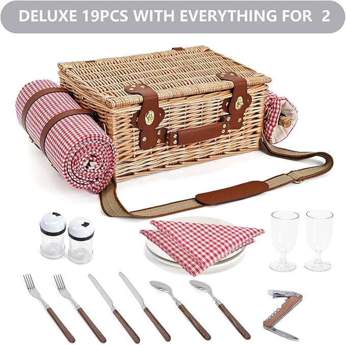 Picnic Basket with Blanket and Wine Pouch for 2, Wicker Picnic Set with Insulated Liner Cooler Bag Hamper for Camping,Wedding - Red Gingham