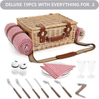 Picnic Basket with Blanket and Wine Pouch for 2, Wicker Picnic Set with Insulated Liner Cooler Bag Hamper for Camping,Wedding - Red Gingham