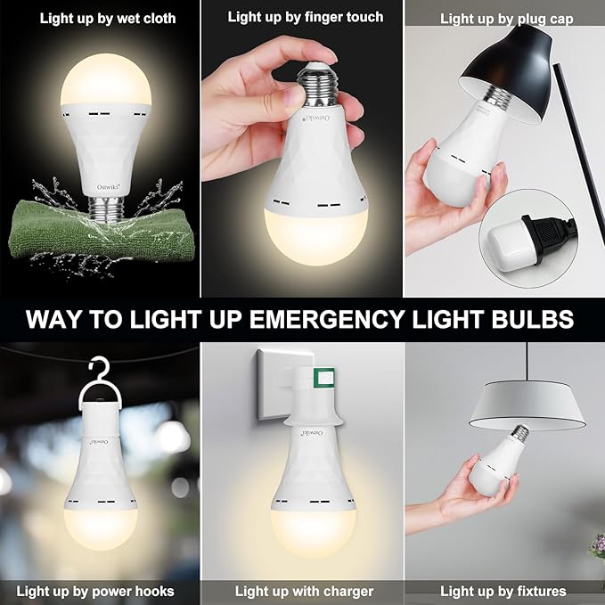 2 Pack Rechargeable Light Bulb,Emergency Light Bulbs for Power Outage Hurricane Camping 9W E27 3000K Warm 1200mAh Battery Backup Soft Light Bulbs for Lamps,Battery Bulb