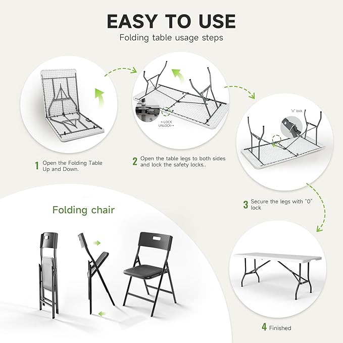 Portable 6-Piece Folding Table and Chairs Set – Heavy-Duty 6ft Camping & Party Furniture for Indoor/Outdoor Events (All-Weather, Black)