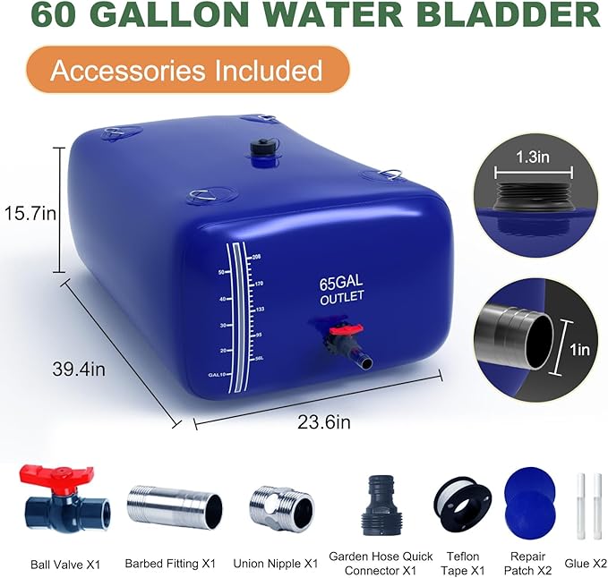 60 Gallon Water Bladder - 1000D PVC Blue RV Water Tank, Portable Collapsible Storage Bladder Containers for Gardens, Camping, Emergency Use