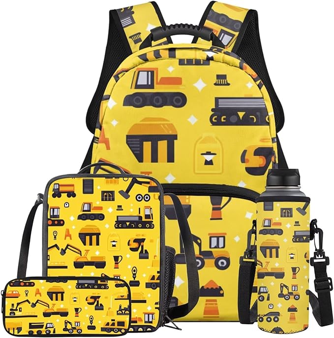 Excavator Backpack with Lunch 2Nd Grade Backpack Boys Lightweight Trendy Kids Bookbag with Lunch Box Boys 4 Piece School Bag for Boys 7-8 Daypack Travel Hiking Outing Camping