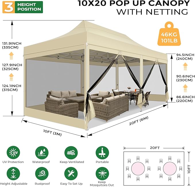 COBIZI 10x20 Heavy Duty Pop Up Canopy with 6 Sidewalls, Commercial Gazebo Party Tent with Mosquito Netting Wall Easy Set Up Outdoor Instant Screen Tent for Backyard, Patio, Garden, Khaki
