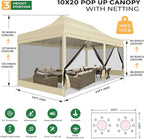 COBIZI 10x20 Heavy Duty Pop Up Canopy with 6 Sidewalls, Commercial Gazebo Party Tent with Mosquito Netting Wall Easy Set Up Outdoor Instant Screen Tent for Backyard, Patio, Garden, Khaki