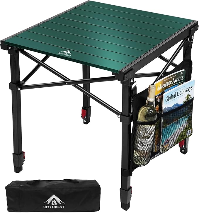 Portable Camping Table with Adjustable Height, Lightweight Aluminum Roll Top Folding Camp Table with Storage Pockets & Dual-Compartment Bag, Heat-Resistant, for RV, Picnic, BBQ, Outdoor (M)