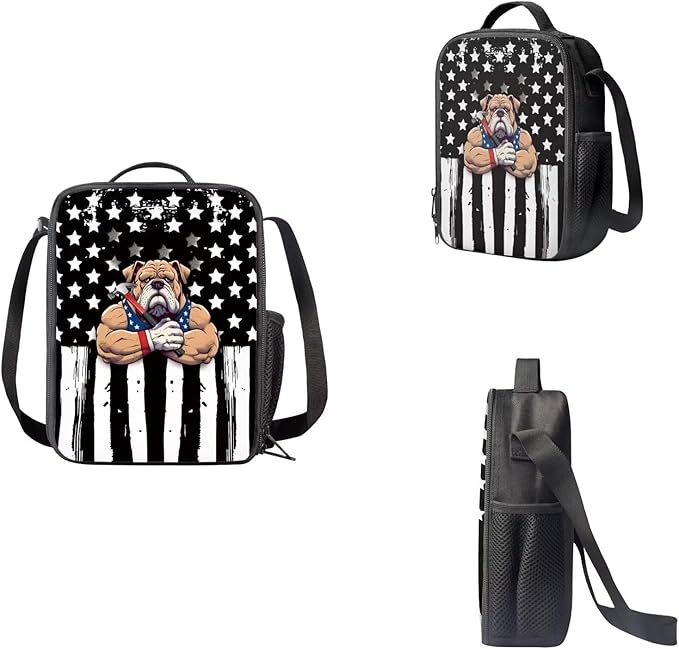 3 Pieces American Flag and Cool Dog Pattern School Bag Set for Boys, Students Book Bag with Large Capacity Lunch Box Pencil Case, Bags Set for Picnic Hiking Camping