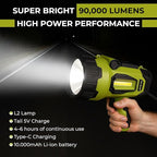 Camping Lantern Rechargeable - Led Spotlight Flashlight 90,000LM With 10,000mAh (6 To 12 Hours Of Runtime) - Usb-c Fast Charging- Outdoor Handheld Spotlight For Camping, Flash Lights For Emergency