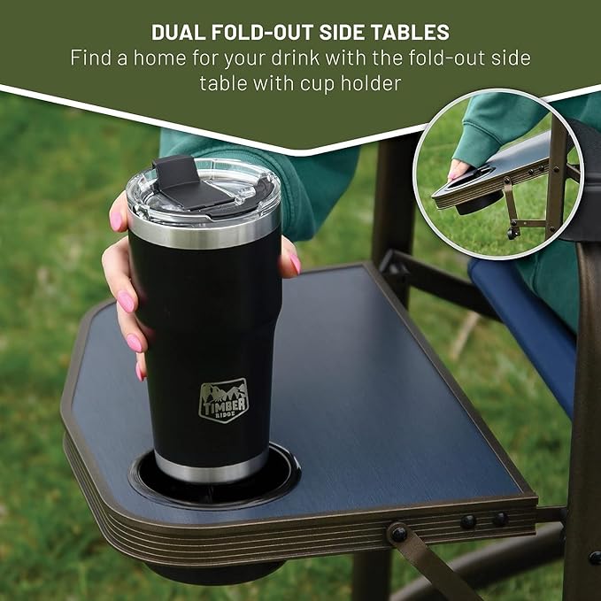 Timber Ridge Double Camping Chair Foldable Loveseat Directors Chairs, Oversized Double Folding Camping Chairs with 2 Side Tables, 2 Person Lawn Chair, Heavy Duty Support 600 LBS for Outdoor, Blue