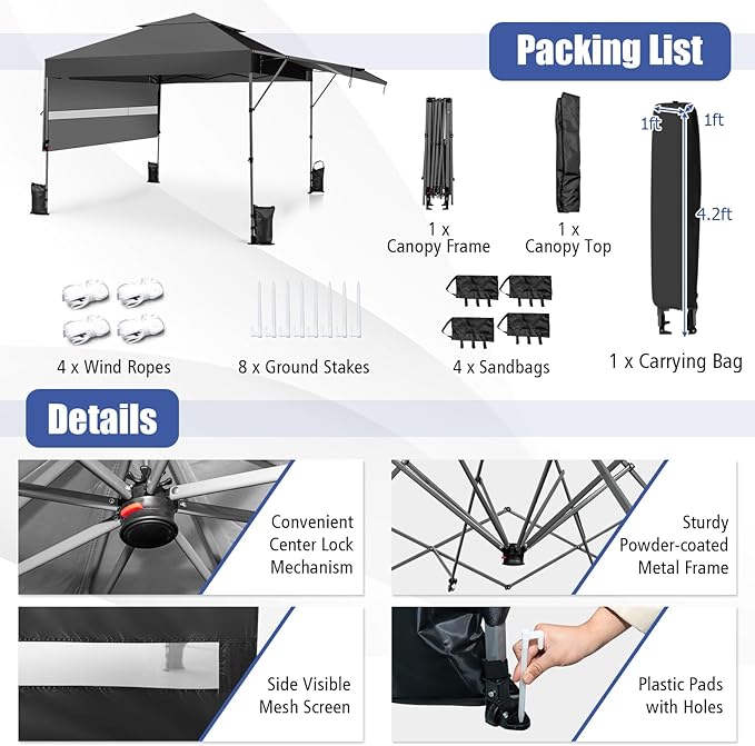 HAPPYGRILL Pop Up Canopy with Dual Awnings 10x17.6 FT, Outdoor Gazebo Shelter with Portable Wheeled Carrying Bag, Easy Setup Instant Tent for Patio Camping Picnic (Grey)