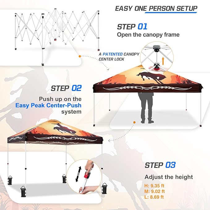 EAGLE PEAK Pop Up Canopy Tent with Wheeled Carry Bag, 8 Stakes, 4 Ropes, 4 Weight Bags, Easy Set Up Tent Canopy, 10x10 ft, 100sqft of Shade, Cowboy