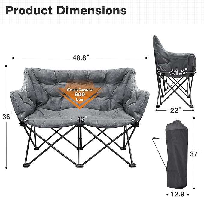 Double Camping Chair Heavy Duty Oversized Padded Loveseat for Adults 2 Person Outdoor Portable Camping Chairs for Lawn, Backyard, Fishing, Trip, Support 600lbs, Grey