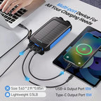 Portable Charger Solar Power Bank 8000mAh with USB-A and USB-C 5V/3A Output Port Blue Battery Pack Compatible with iPhone, Samsung, Waterproof Emergency LED Flashlights Perfect for Camping, Hiking