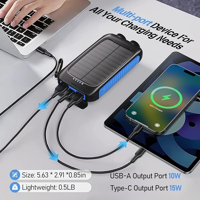 Portable Charger Solar Power Bank 8000mAh with USB-A and USB-C 5V/3A Output Port Blue Battery Pack Compatible with iPhone, Samsung, Waterproof Emergency LED Flashlights Perfect for Camping, Hiking