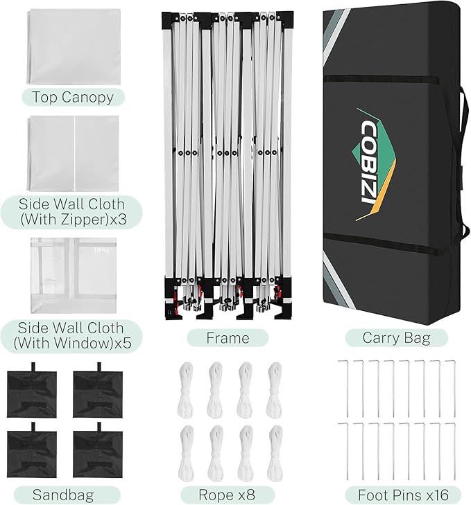 COBIZI 10x30 Pop Up Canopy Tent Commercial Instant Shelter with 8 Sidewalls, Durable Waterproof Portable Gazebo UPF 50+ for Outdoor Party, Wedding, Vendor Events (White)