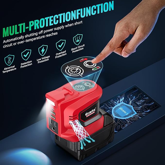 Ecarke 200W Portable Power Inverter Compatible with Milwaukee 18V Battery, DC 18V to AC 110V Power Station with 1 AC Outlet, 2 USB, 1 Type-C & LED Light, for Outdoor Emergency Use (No Battery)